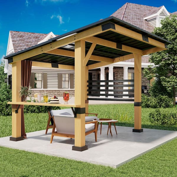 12 ft. x 10 ft. Solid Cedar Wood Outdoor Patio Gazebo with Black Galvanized Steel Roof and Privacy Curtain