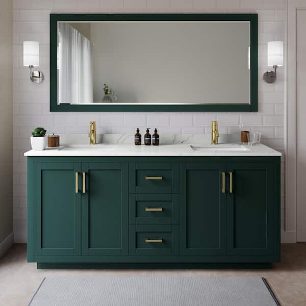Wyndham Collection Miranda 72 in. W x 22 in. D x 33.75 in. H Double Bath Vanity in Green with Giotto Quartz Top and 70 in. Mirror