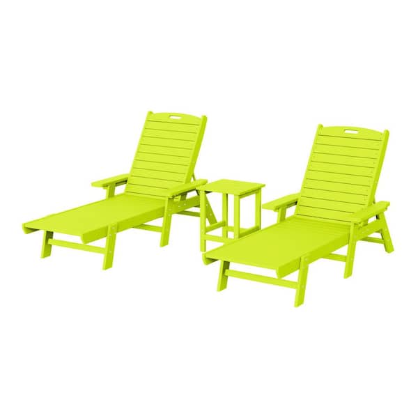 WESTIN OUTDOOR Harlo 3-Piece Lime Fade Resistant HDPE Plastic Reclining Outdoor Patio Chaise Lounge Arm Chair and Table Set