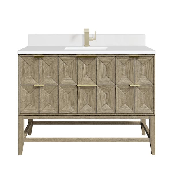 James Martin Vanities Emmeline 48.0 in. W x 23.5 in. D x 36 in. H Single Sink Bathroom Vanity in Pebble Oak with White Zeus Quartz Top