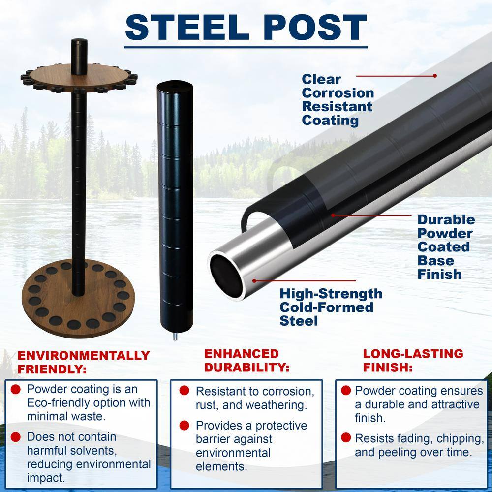 Dark Walnut Freestanding Round Fishing Rod Rack with Steel Post