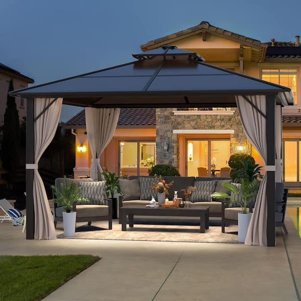 EROMMY 12 ft. x 12 ft. Outdoor Double Brown Roof Hardtop Gazebo Canopy Furniture Pergolas with Netting and Curtains for Gardens