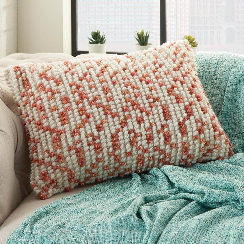 Coral and White Embroidered Square Throw Pillow Set