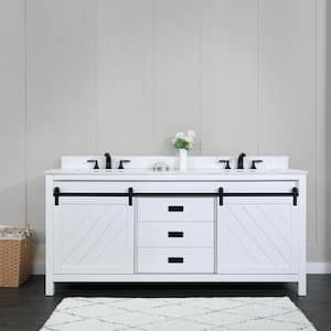 Kinsley 72 in. Double Bathroom Vanity in White with Composite Stone Vanity Top in Carrara with White Basins