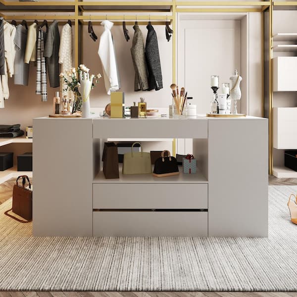 FUFU&GAGA White 14-Drawers 63 in. Width Bedroom Dresser Makeup Island with Glass Top KF020488-012