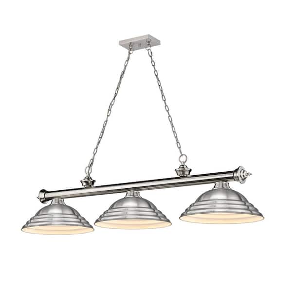 Unbranded Cordon 3-Light Brushed Nickel with Stepped Brushed Nickel Shade Billiard Light with No Bulbs Included
