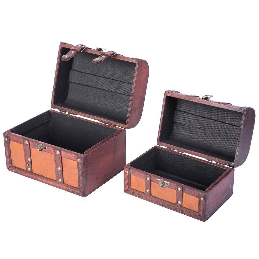 Vintage Brown Leather Storage Trunk Set with Brass Accents
