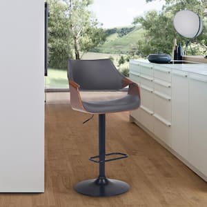 Aspen Adjustable 25-33 in. Gray/Black High Back Walnut Wood Swivel Bar Stool with Faux Leather Seat