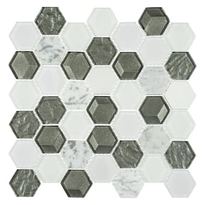 Xen Angels Gray/White 12 in. x 11 7/8 in. Hexagon Smooth Glass and Stone Mosaic Wall Tile (4.95 sq. ft./Case)