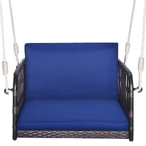 Patio Rattan Porch Swing Single Person Hanging Seat w/Seat & Back Cushions Backyard