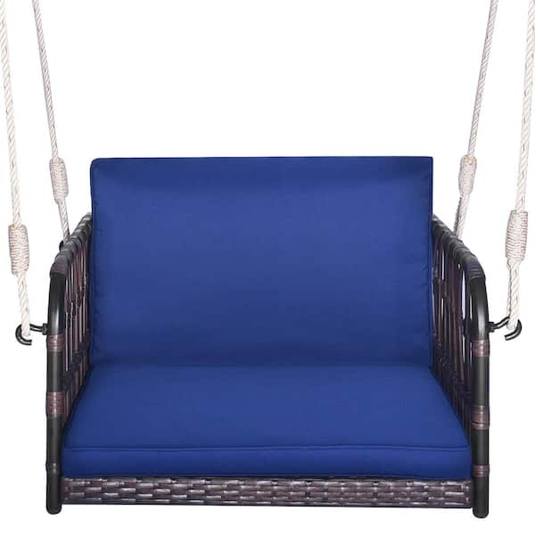 Gymax Patio Rattan Porch Swing Single Person Hanging Seat w/Seat & Back Cushions Backyard