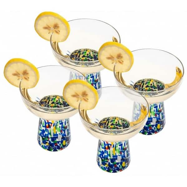 Stemless Margarita Glasses 8 oz. Set of 4 Blue Hand-Blown Confetti Design for Cocktails, Parties, Cinco de Mayo MGS44BL