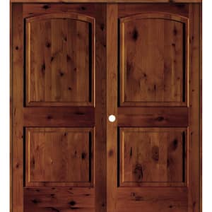48 in. x 80 in. Rustic Knotty Alder 2-Panel Right-Handed Red Chestnut Stain Wood Double Prehung Interior Door w/Arch Top