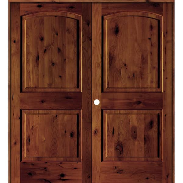Krosswood Doors 48 in. x 80 in. Rustic Knotty Alder 2-Panel Right-Handed Red Chestnut Stain Wood Double Prehung Interior Door w/Arch Top