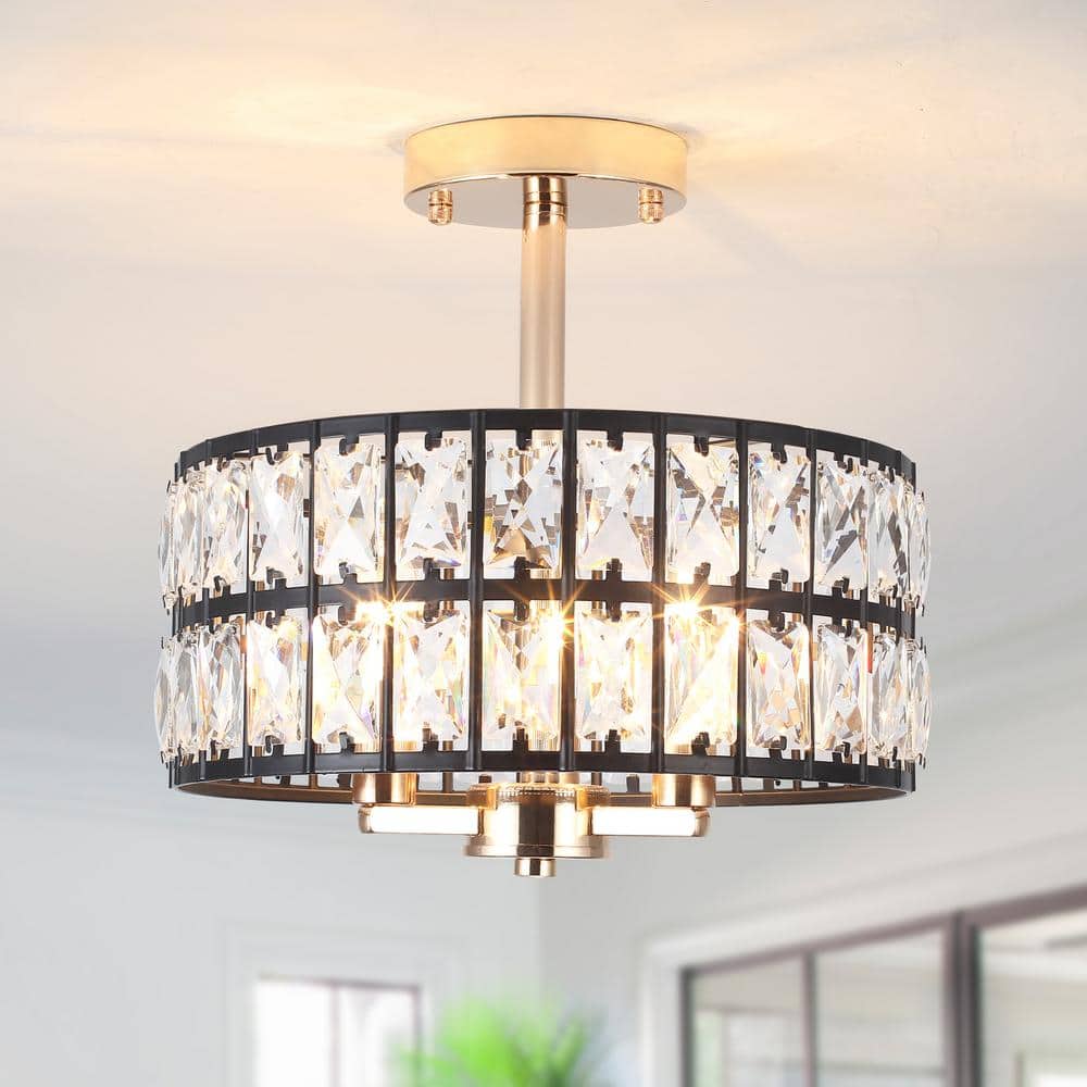 Black Metal and Crystal Drum Semi-Flush Mount Ceiling Light