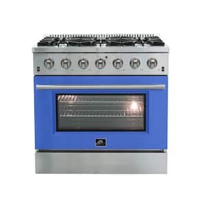 Galiano 36 in. 5.36 cu. Ft. Freestanding Gas Range with 6 Burners in. Stainless Steel with Blue Door