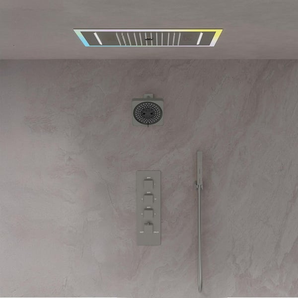 25 in. LED 4-Handle 3-Spray Shower Faucet 2.5 GPM with Music, Thermostatic, Waterfall, Anti Scald in Brushed Nickel