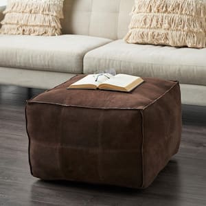 19 in. Dark Brown Leather Low Profile Square with Patchwork Design Ottoman