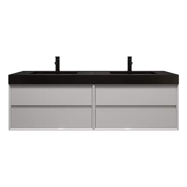 MIA 71 in. W. x 20 in. D x 24 in. H Double Sink Floating Bath Vanity in Gloss White with Black Stainless-Steel Top