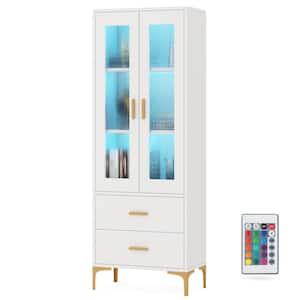 Alan 64.96 in. H White Bookcase with LED Light, Bookshelf with Door and Drawers