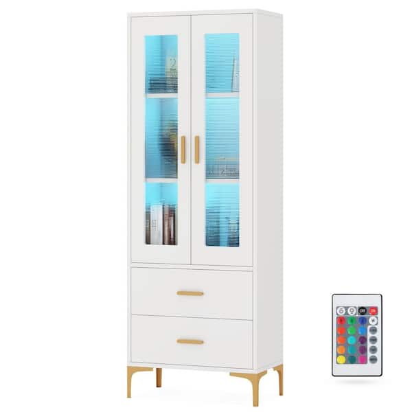 BYBLIGHT Alan 64.96 in. H White Bookcase with LED Light, Bookshelf with Door and Drawers