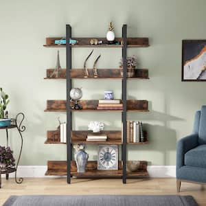 Earlimart 71.65 in. Rustic Brown Engineered Wood and Metal 5 Shelf Standard Bookcase Bookshelf with Back Fence