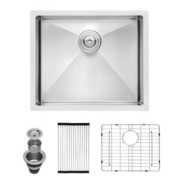 23 in. Undermount Single Bowl 16 Gauge Brushed Nickel Stainless Steel Kitchen Sink with Drain Assembly