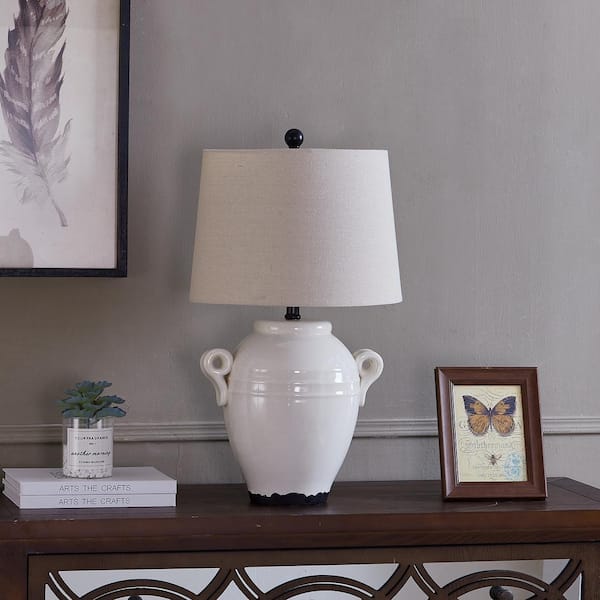 Maxax Cleveland 24.5 in. White Ceramic Traditional Bedside Table Lamp with Oatmeal Linen Drum Shade