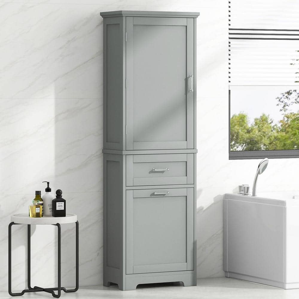 20 in. W x 13 in. D x 68.1 in. H Gray MDF Freestanding Tall Linen Cabinet w