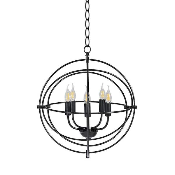 20 in. Spherical 5-Light Metal Black Chandelier with Pivoting Interlocking Rings (Bulbs Not Included)