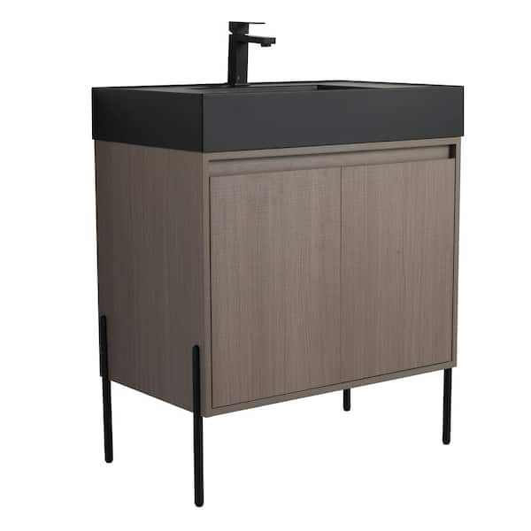 Crownpoint 30 in. Freestanding Single Gray Oak Bathroom Vanity with Black Acrylic Sink Top Unassembled
