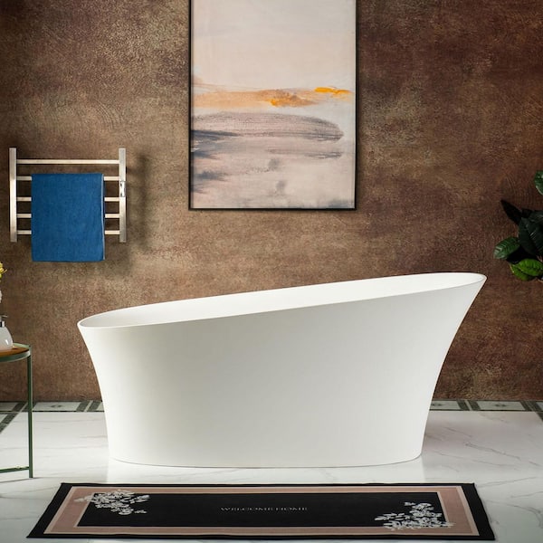 59 in. x 29.5 in. Solid Surface Stone Resin Freestanding Soaking Bathtub with Left Drain in Matte White
