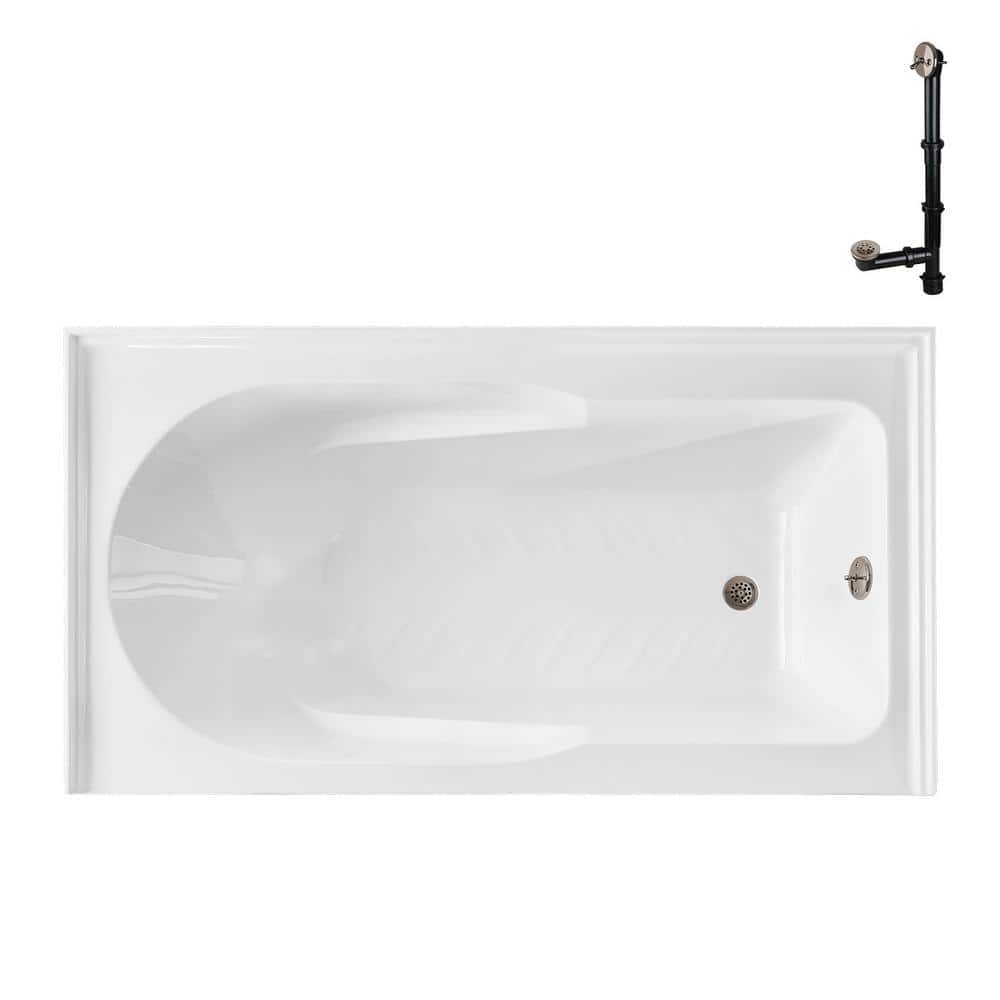 Glossy White Acrylic Right-Hand Drain Alcove Bathtub with Brushed Nickel External Drain