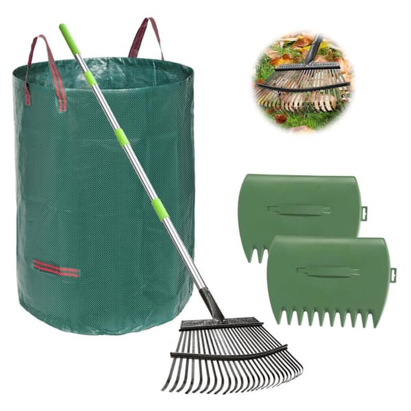 Portable Trash Rake 65 Inch Heavy Duty Metal Leaf Rake with 25 Tines and 32 Gallon Reusable ...