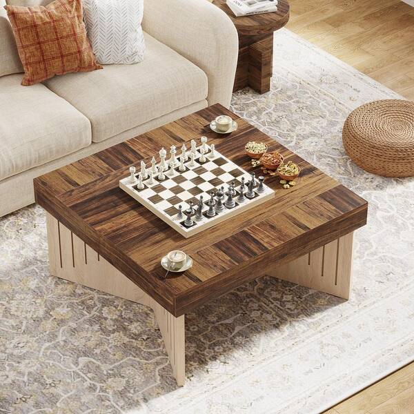 BYBLIGHT Allan 35.43 in. Brown Square Wood Coffee Table with Engraved Lines Design BB JW0685 ZMZ