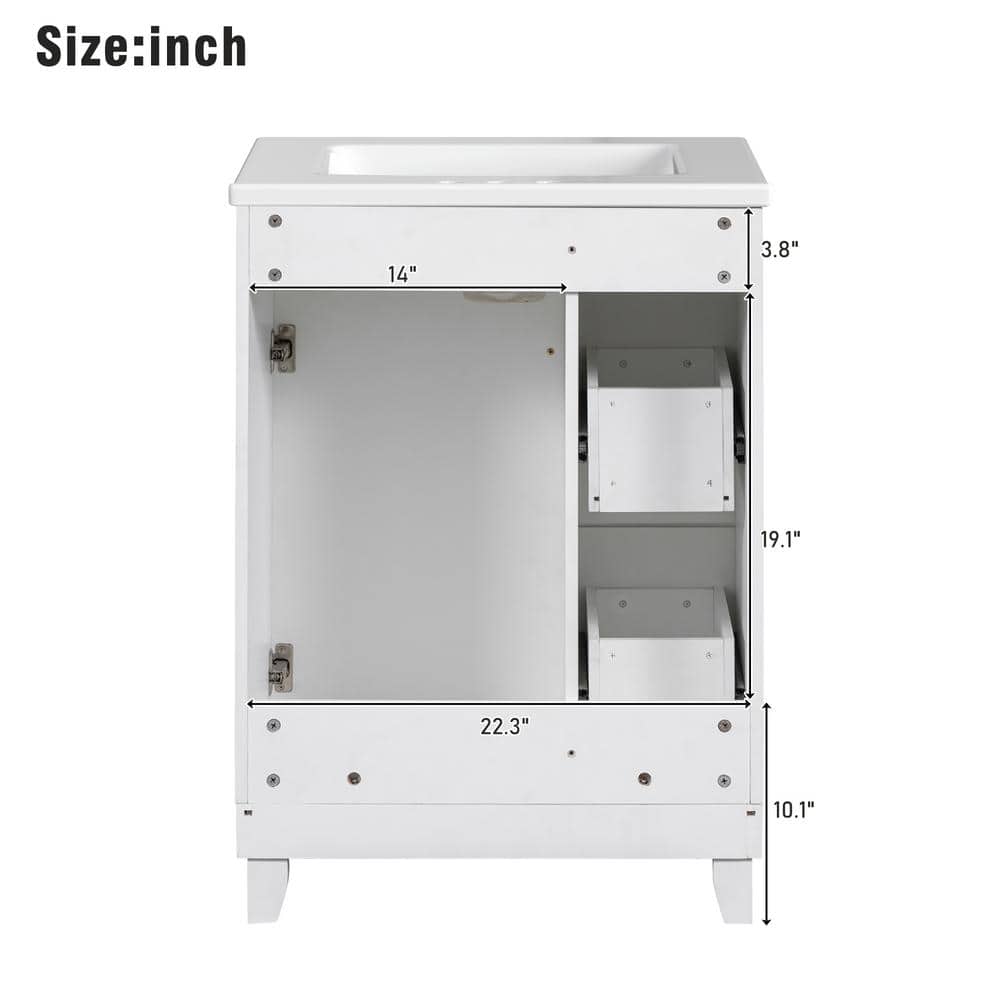 24" White Wood Freestanding Single Sink Bath Vanity with Ceramic Top
