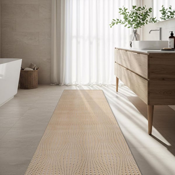 Harmony 2 x 7 ft. Beige Non-Slip Rubber Back Washable Polyester Wave Runner Rug