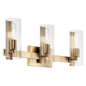 Jemsa 22.75 in. 3-Light Champagne Bronze Soft Modern Bathroom Vanity Light with Clear Fluted Glass