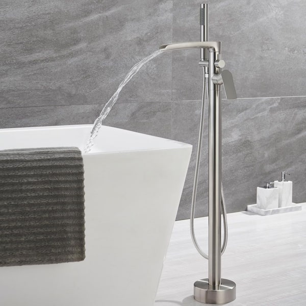 37 in. H 2-Handle Freestanding Tub Faucet Floor Mounted Bathtub Filler Faucet with Hand Shower in Brushed Silver