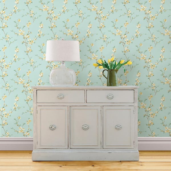 Chesapeake Cherry Blossom Light Green Trail Paper Strippable Roll Wallpaper (Covers 56.4 sq. ft.)