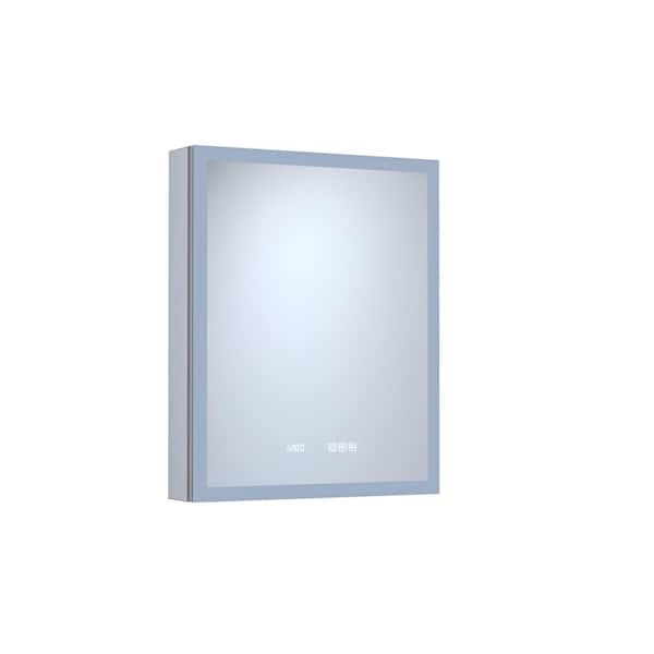 24 in. W x 30 in. H Rectangular Silver Aluminum Recessed/Surface Mount Right Medicine Cabinet with Mirror LED and Clock