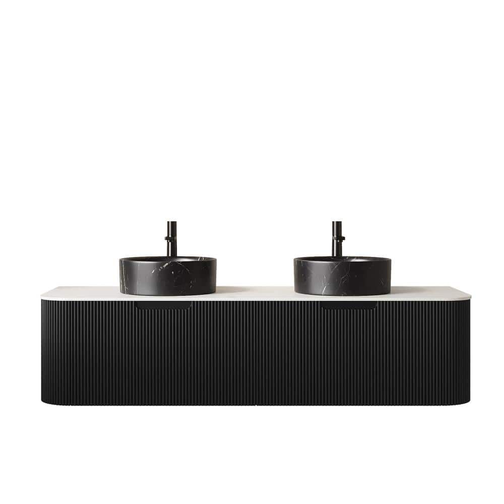"60"" Wall Mounted Black Bath Vanity with White Sintered Stone Top, 2 Black Round Ceramic Basin and 2 Drawer, Assembled" price history on PriceWatchPro