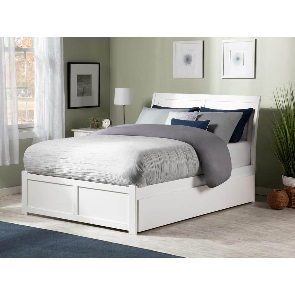 White Queen Wood Platform Bed with Trundle and Slats