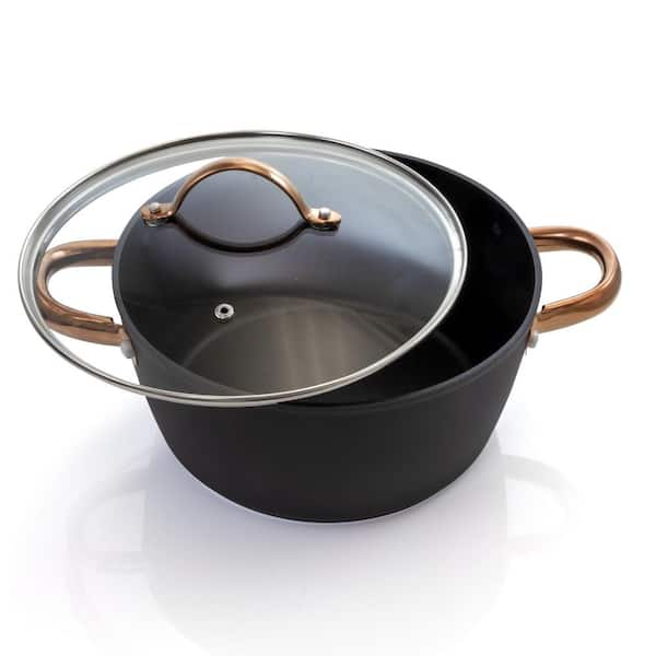 Oster Allsberg Non Stick Aluminum 10 Piece Cookware Set with Pots, Pans,  Lids, Stainless Steel Rose Gold Handles, Matte Black