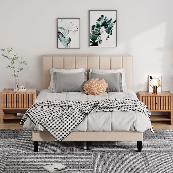 STICKON Beige Full Size Platform Bed Frame with Headboard