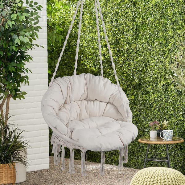 Unbranded Beige Sling Hammock Chair Macrame Patio Swing Hanging Cotton Hammock Patio Swing Chair with Cushion DY 1