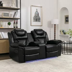 Black 73.2 in. PU Home Theater Seating Manual Recliner Loveseat with Hide-Away Storage, Cup Holders and LED Light Strip