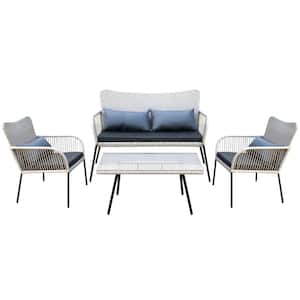 3-Piece Metal Frame Rectangle Table Outdoor Dining Set with Soft Light Gray Cushion