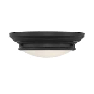 13 in. W x 4.50 in. H 2-Light Matte Black Flush Mount Light with White Glass Round Shade