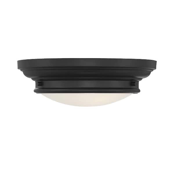 TUXEDO PARK LIGHTING 13 in. W x 4.50 in. H 2-Light Matte Black Flush Mount Light with White Glass Round Shade